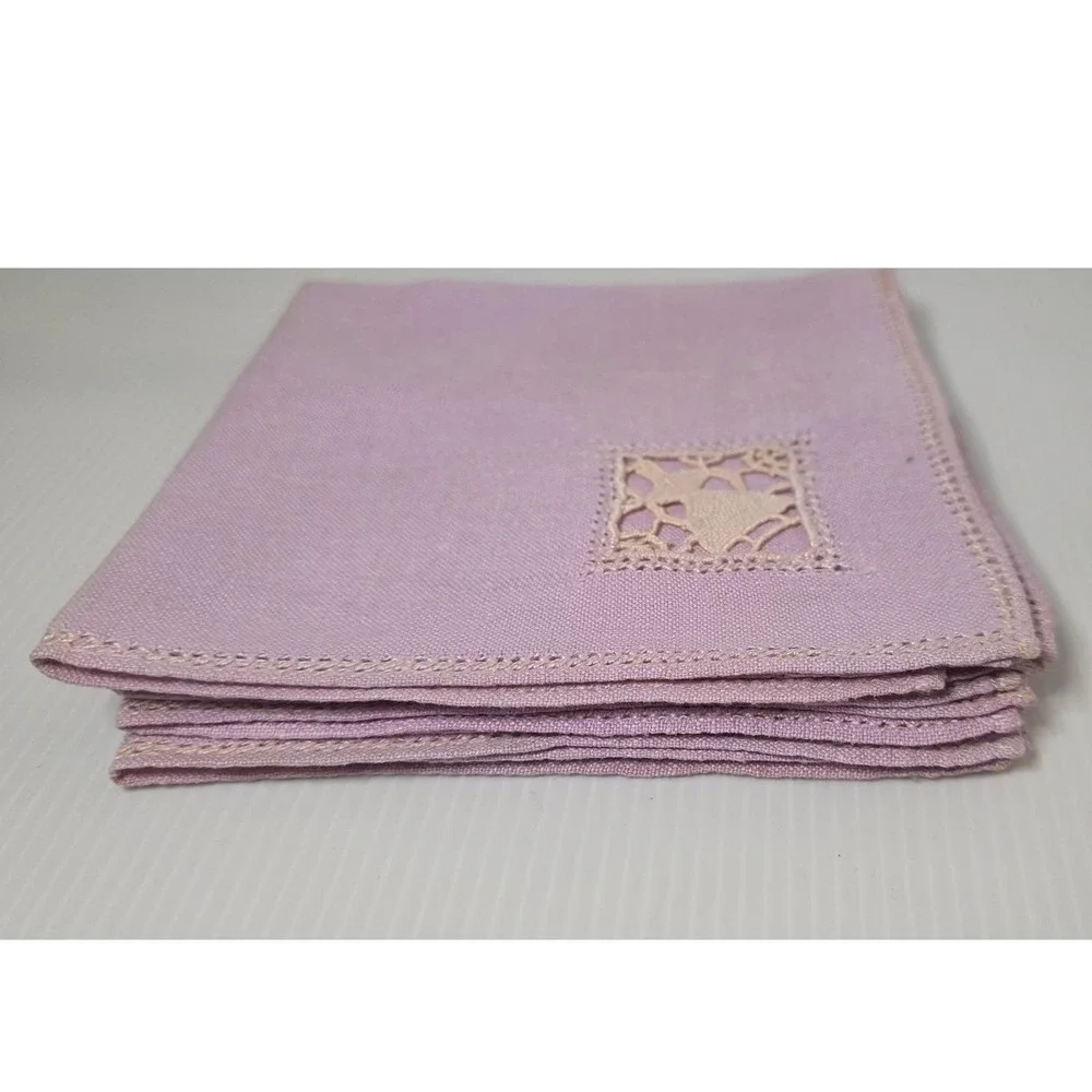 Vintage Purple Linens Napkins Set‎ of 4 Cutwork Inset Hemstitched
